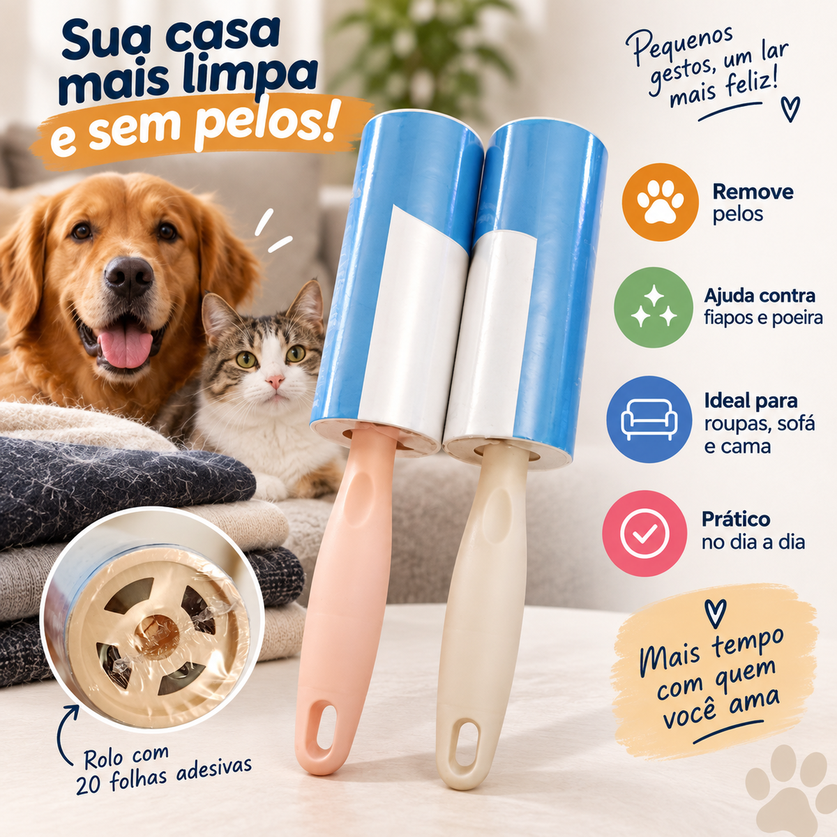 Rolo Adesivo Tira Pelos para Pets — 20 Folhas