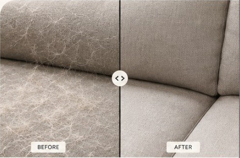 Before and after comparison of pet hair removed from a fabric sofa