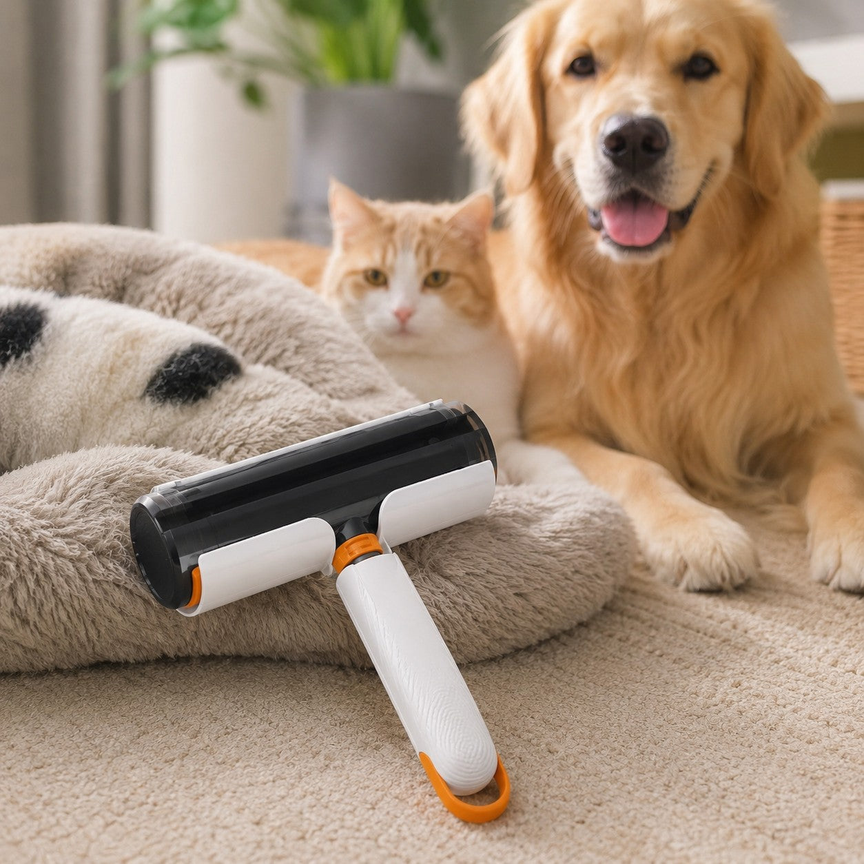 A dog and cat beside the Shedwell pet hair roller on a pet bed
