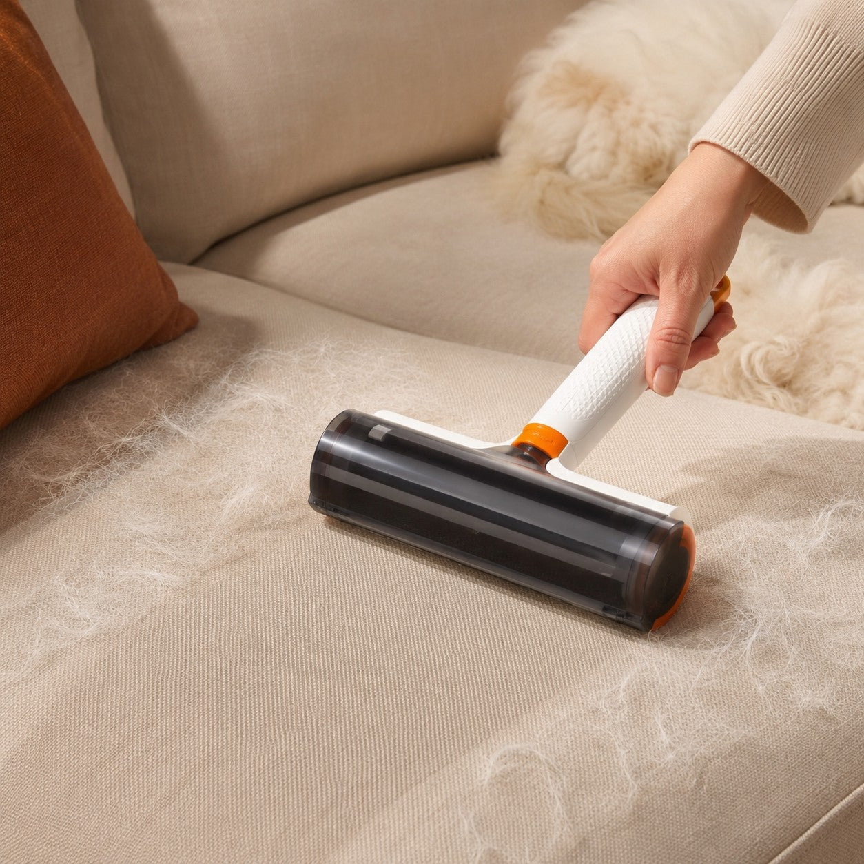 Shedwell reusable pet hair roller being used on a fabric sofa